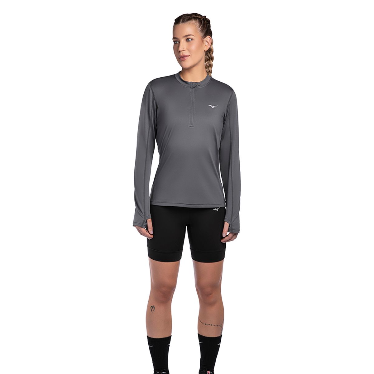 Camiseta Manga Longa de Corrida Feminina Mizuno Térmica GG Cinza