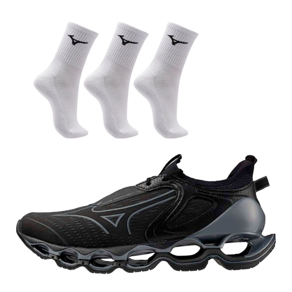 Kit 1 Tênis Masculino Mizuno Wave Prophecy 14 e 3 Pares de Meia Cano Médio Basic Tam. 39-44